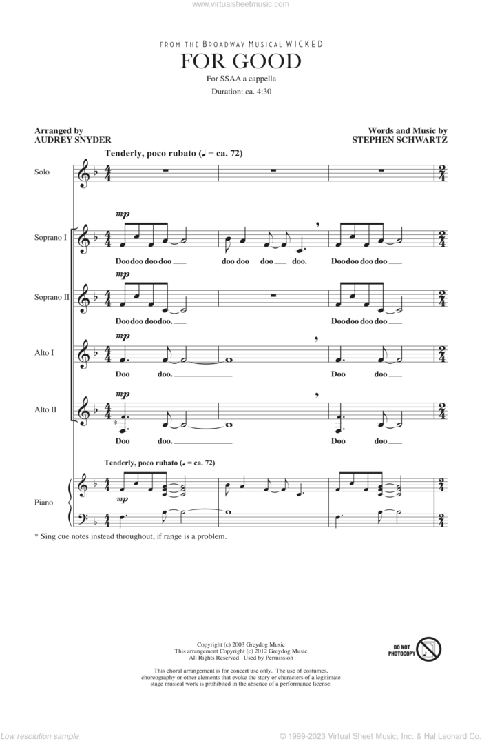 For Good (from Wicked) (arr. Audrey Snyder) sheet music for choir (SSA: soprano, alto) by Stephen Schwartz and Audrey Snyder, intermediate skill level