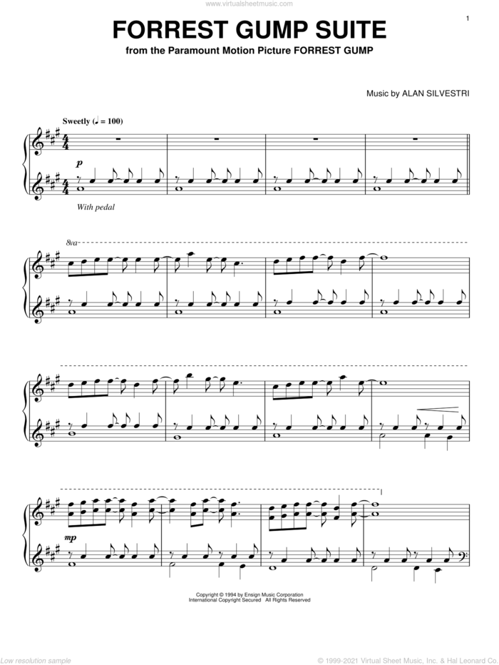 Forrest Gump Suite sheet music for piano solo by Alan Silvestri and Forrest Gump (Movie), intermediate skill level