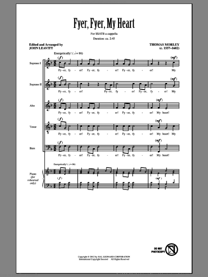 Fyer, Fyer, My Heart sheet music for choir (SATB: soprano, alto, tenor, bass) by Thomas Morley and John Leavitt, intermediate skill level