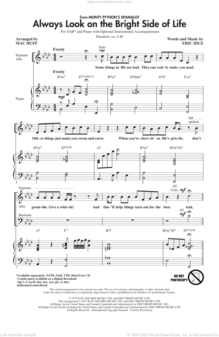Always Look On The Bright Side Of Life sheet music for choir (SAB: soprano, alto, bass) by Eric Idle and Mac Huff, intermediate skill level
