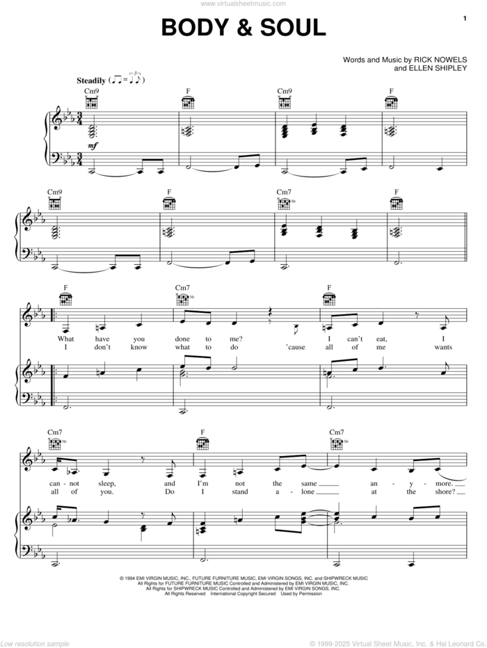 Body and Soul sheet music for voice, piano or guitar by Anita Baker, Ellen Shipley and Rick Nowels, intermediate skill level