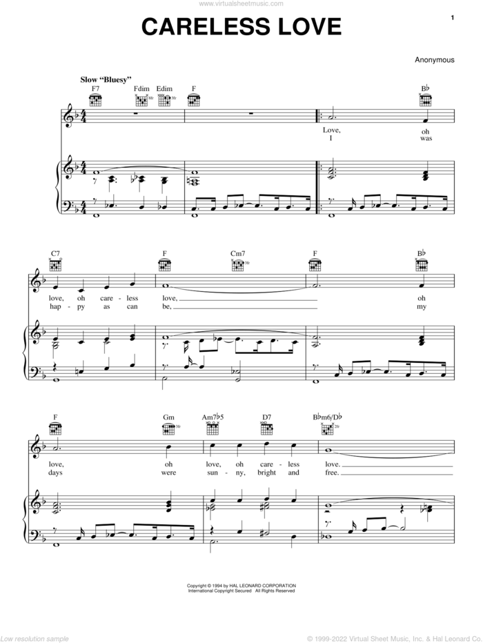 Careless Love sheet music for voice, piano or guitar by Anonymous, classical score, intermediate skill level