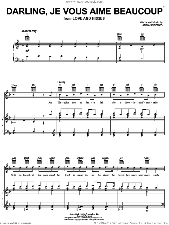 Darling, Je Vous Aime Beaucoup sheet music for voice, piano or guitar by Nat King Cole, Dean Martin, Hildegarde and Anna Sosenko, wedding score, intermediate skill level