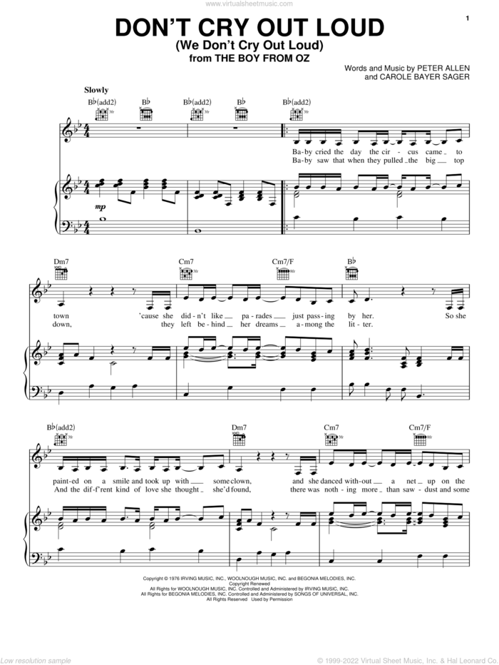 Don't Cry Out Loud (We Don't Cry Out Loud) (from The Boy From Oz) sheet music for voice, piano or guitar by Melissa Manchester, The Boy From Oz (Musical), Carole Bayer Sager and Peter Allen, intermediate skill level