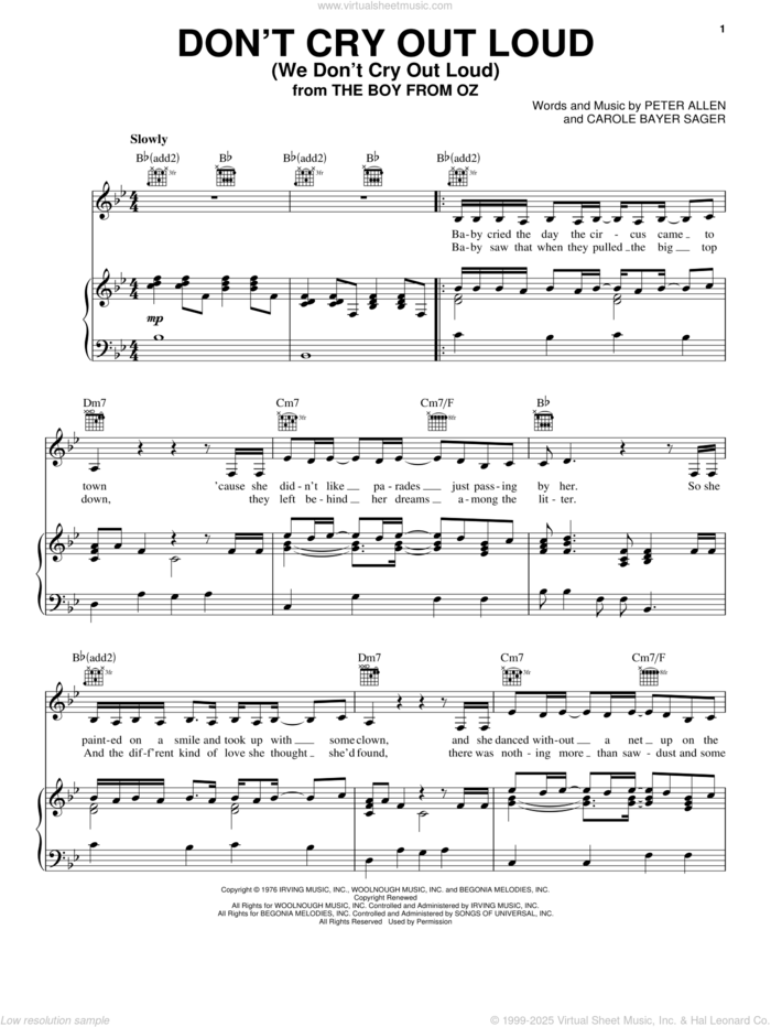 Don't Cry Out Loud (We Don't Cry Out Loud) (from The Boy From Oz) sheet music for voice, piano or guitar by Melissa Manchester, The Boy From Oz (Musical), Carole Bayer Sager and Peter Allen, intermediate skill level