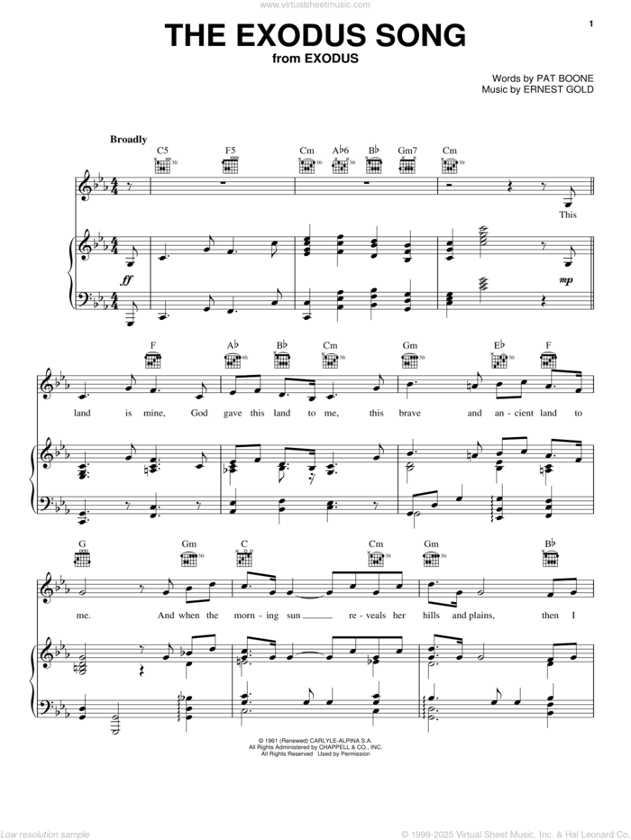 The Exodus Song sheet music for voice, piano or guitar by Pat Boone and Ernest Gold, intermediate skill level