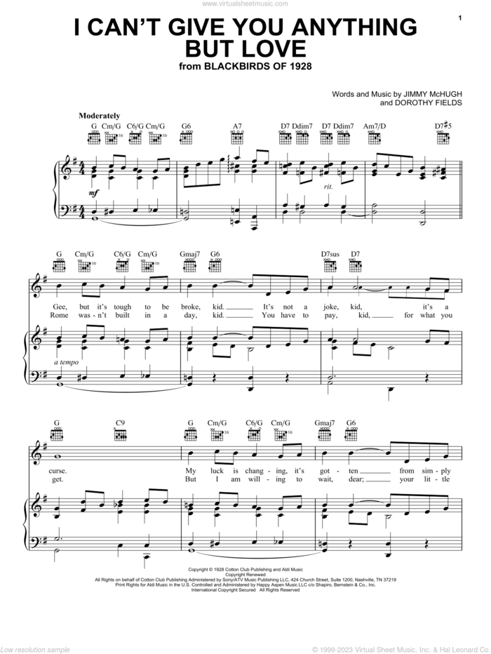 I Can't Give You Anything But Love sheet music for voice, piano or guitar by Ella Fitzgerald, Dean Martin, Django Reinhardt, Duke Ellington, Judy Garland, Louis Armstrong, Mel Torme, Nat King Cole, Norah Jones, Peggy Lee, Thomas Waller, Dorothy Fields and Jimmy McHugh, wedding score, intermediate skill level