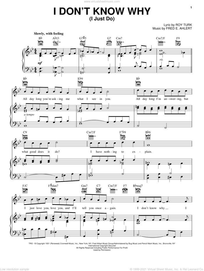 I Don't Know Why (I Just Do) sheet music for voice, piano or guitar by Frank Sinatra, Dean Martin, Nat King Cole, Fred Ahlert and Roy Turk, intermediate skill level