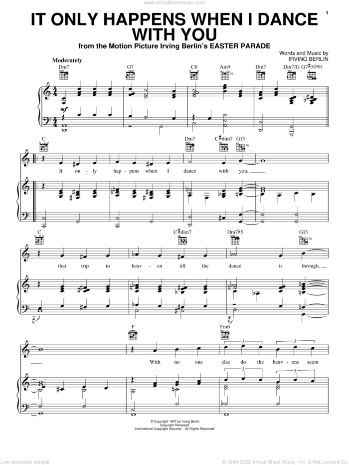 It Only Happens When I Dance With You sheet music for voice, piano or guitar by Frank Sinatra and Irving Berlin, wedding score, intermediate skill level