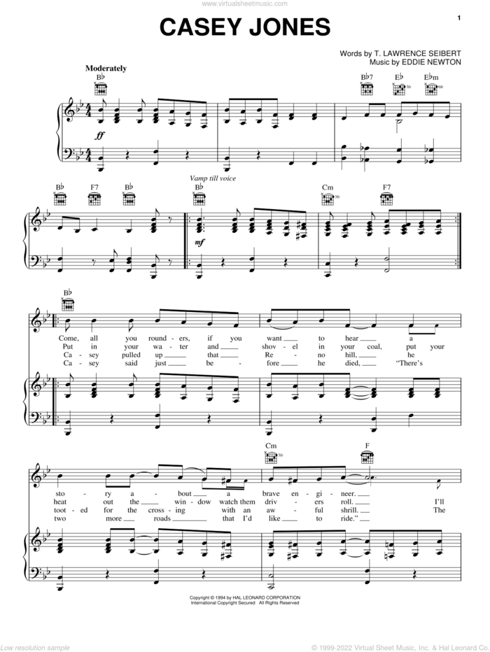 Casey Jones sheet music for voice, piano or guitar by Eddie Newton and T. Lawrence Seibert, intermediate skill level