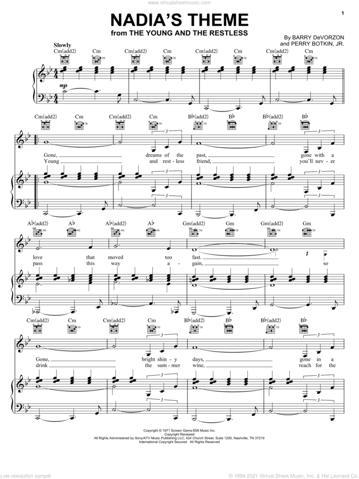 Nadia's Theme sheet music for voice, piano or guitar by Perry Botkin, Jr. and Barry DeVorzon & Perry Botkin, Jr. and Barry DeVorzon, intermediate skill level