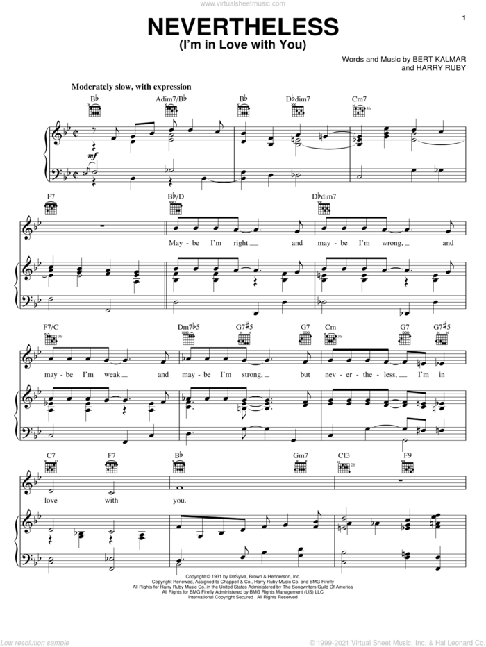 Nevertheless (I'm In Love With You) sheet music for voice, piano or guitar by Frank Sinatra, Dean Martin, Kay Starr, The Mills Brothers, Bert Kalmar and Harry Ruby, wedding score, intermediate skill level