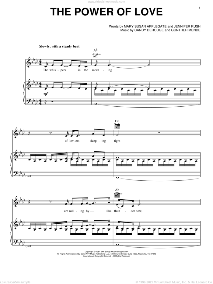 The Power Of Love sheet music for voice, piano or guitar by Celine Dion, Air Supply, Candy Derouge, David Foster, Gunther Mende, Jennifer Rush and Mary Susan Applegate, wedding score, intermediate skill level