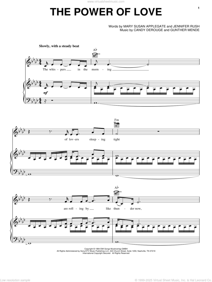 The Power Of Love sheet music for voice, piano or guitar by Celine Dion, Air Supply, Candy Derouge, David Foster, Gunther Mende, Jennifer Rush and Mary Susan Applegate, wedding score, intermediate skill level