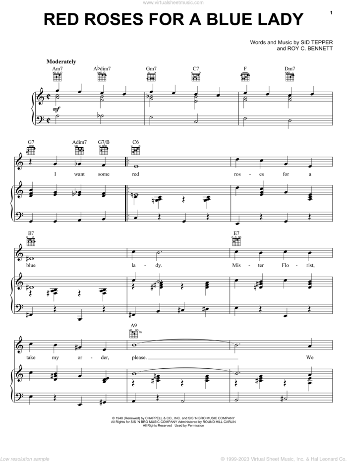 Red Roses For A Blue Lady sheet music for voice, piano or guitar by Andy Williams, Vaughn Monroe, Roy Bennett and Sid Tepper, intermediate skill level