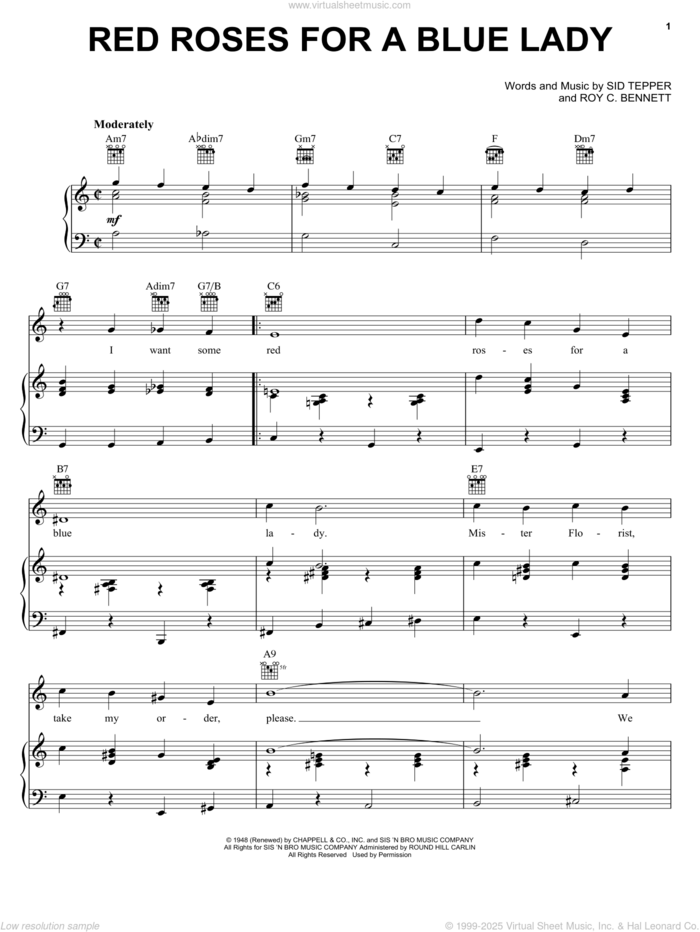 Red Roses For A Blue Lady sheet music for voice, piano or guitar by Andy Williams, Vaughn Monroe, Roy Bennett and Sid Tepper, intermediate skill level