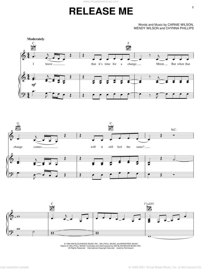 Release Me sheet music for voice, piano or guitar by Wilson Phillips, Carnie Wilson, Chynna Phillips and Wendy Wilson, intermediate skill level