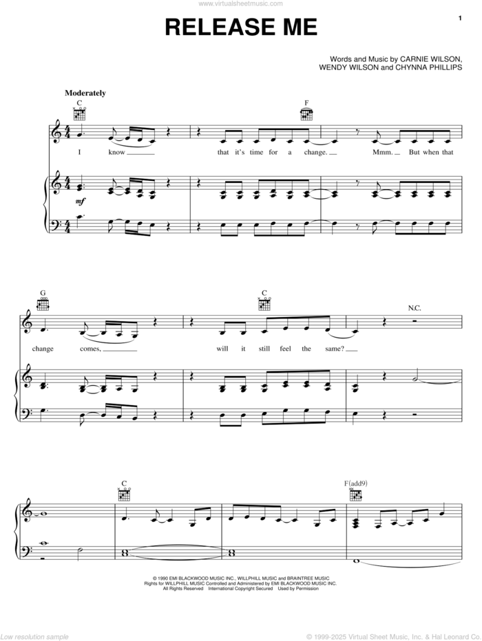 Release Me sheet music for voice, piano or guitar by Wilson Phillips, Carnie Wilson, Chynna Phillips and Wendy Wilson, intermediate skill level