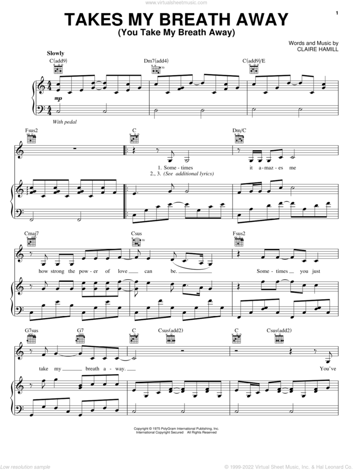 Takes My Breath Away (You Take My Breath Away) sheet music for voice, piano or guitar by Claire Hamill, intermediate skill level