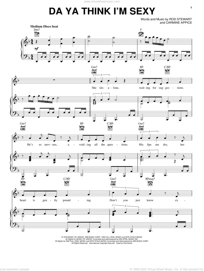 Da Ya Think I'm Sexy sheet music for voice, piano or guitar by Rod Stewart and Carmine Appice, intermediate skill level