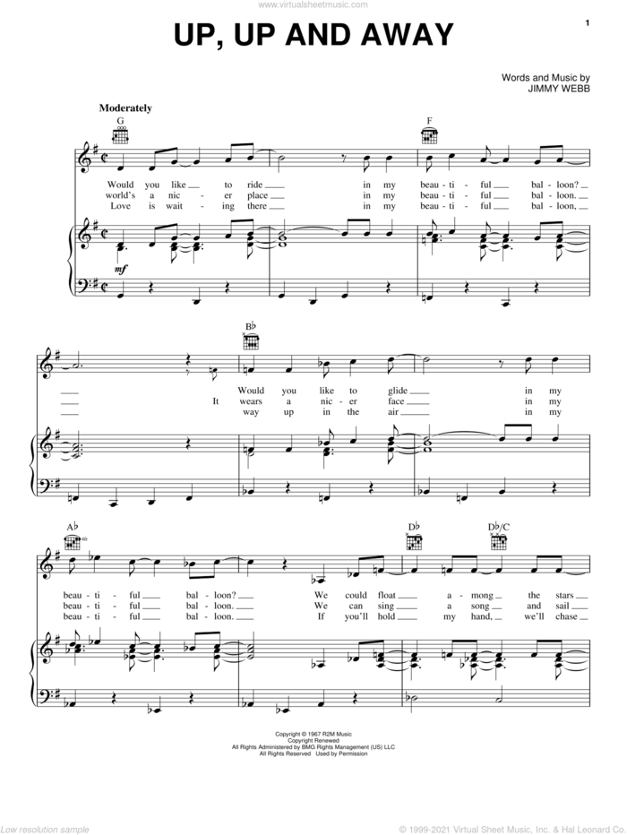 Up, Up And Away sheet music for voice, piano or guitar by The Fifth Dimension, Andy Williams, Sammy Davis, Jr. and Jimmy Webb, intermediate skill level
