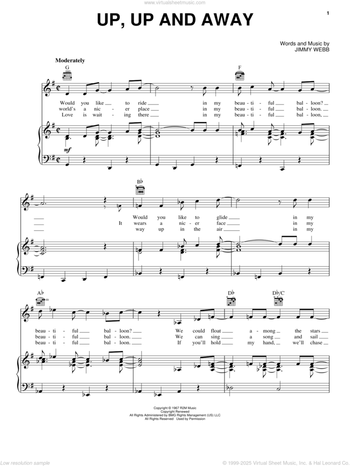 Up, Up And Away sheet music for voice, piano or guitar by The Fifth Dimension, Andy Williams, Sammy Davis, Jr. and Jimmy Webb, intermediate skill level