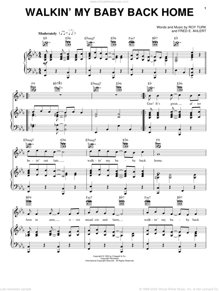 Walkin' My Baby Back Home sheet music for voice, piano or guitar by Nat King Cole, Dean Martin, Johnnie Ray, Louis Armstrong, Fred Ahlert and Roy Turk, intermediate skill level