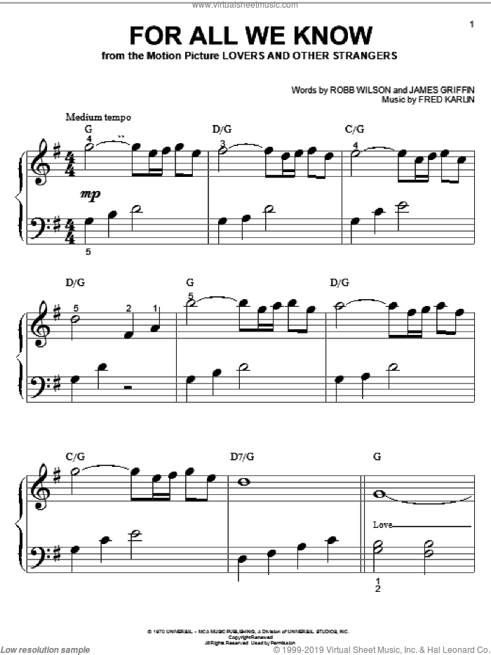 For All We Know sheet music for piano solo (big note book) by Carpenters, Fred Karlin, James Griffin and Robb Wilson, wedding score, easy piano (big note book)