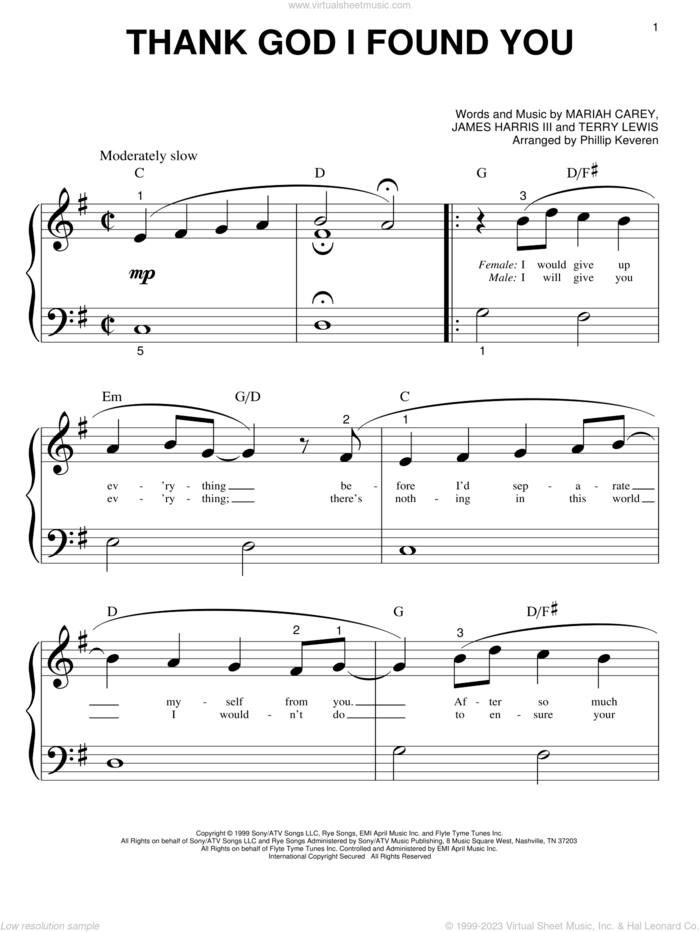 Thank God I Found You sheet music for piano solo (big note book) by Mariah Carey featuring Joe & 98 Degrees, 98 Degrees, Joe, James Harris, Mariah Carey and Terry Lewis, easy piano (big note book)
