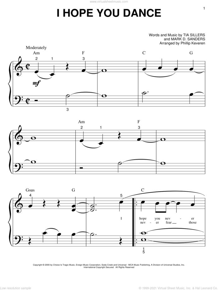 I Hope You Dance (arr. Phillip Keveren) sheet music for piano solo (big note book) by Lee Ann Womack, Phillip Keveren, Mark D. Sanders and Tia Sillers, wedding score, easy piano (big note book)