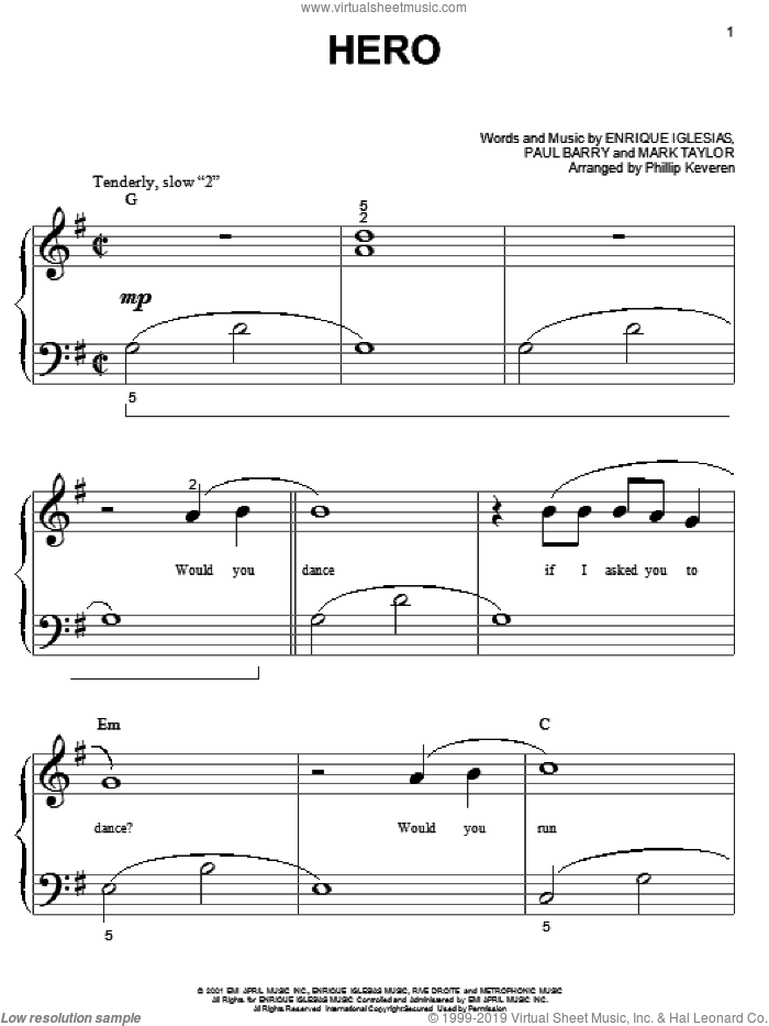 Hero sheet music for piano solo (big note book) by Enrique Iglesias, Mark Taylor and Paul Barry, easy piano (big note book)