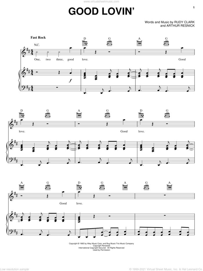 Good Lovin' sheet music for voice, piano or guitar by The Young Rascals, Arthur Resnick and Rudy Clark, intermediate skill level