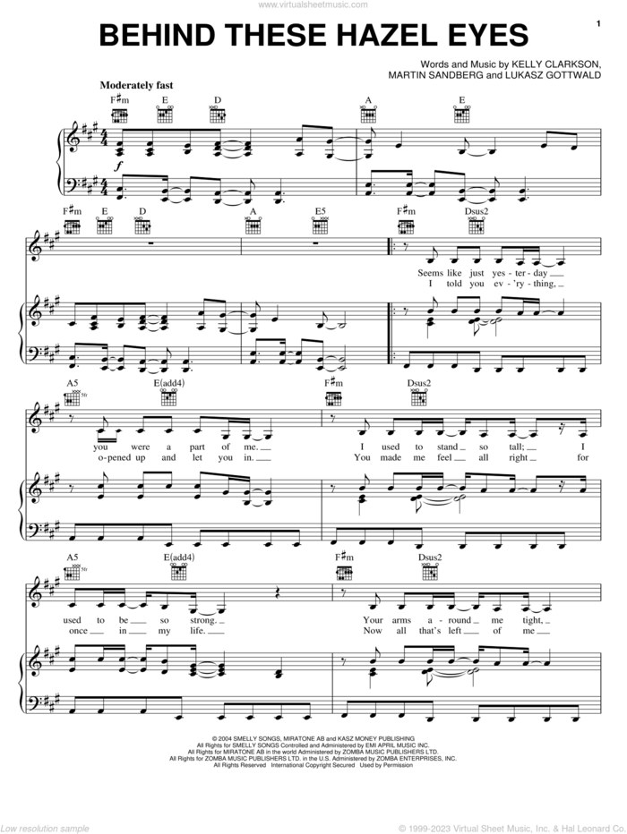 Behind These Hazel Eyes sheet music for voice, piano or guitar by Kelly Clarkson, American Idol, Lukasz Gottwald and Martin Sandberg, intermediate skill level