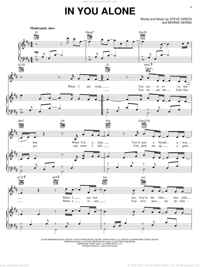 In You Alone sheet music for voice, piano or guitar by Steve Green and Bernie Herms, intermediate skill level