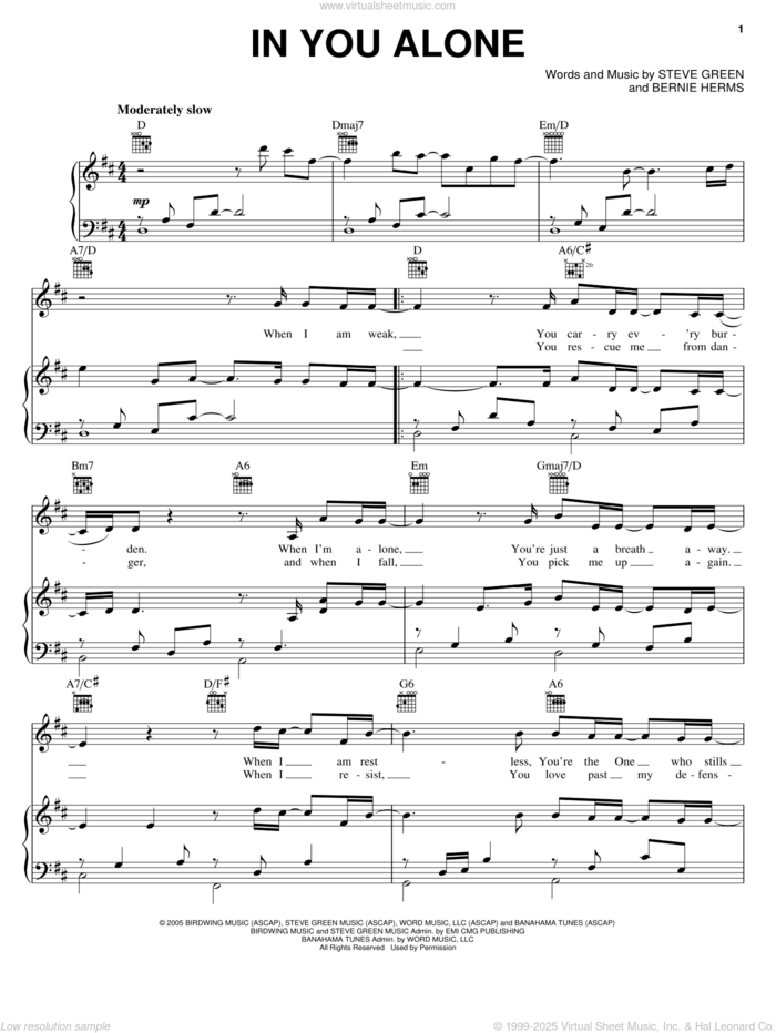 In You Alone sheet music for voice, piano or guitar by Steve Green and Bernie Herms, intermediate skill level