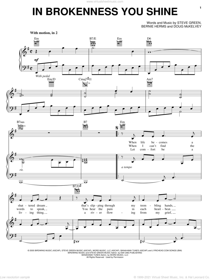 In Brokenness You Shine sheet music for voice, piano or guitar by Steve Green, Bernie Herms and Doug McKelvey, intermediate skill level