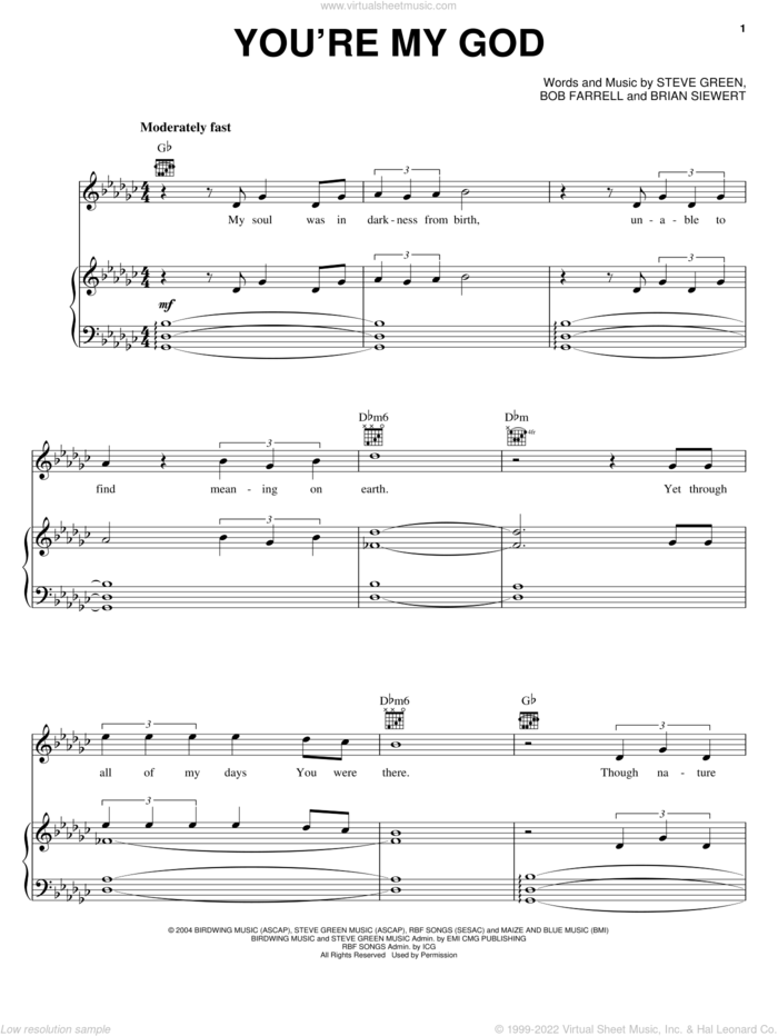 You're My God sheet music for voice, piano or guitar by Steve Green, Bob Farrell and Brian Siewert, intermediate skill level