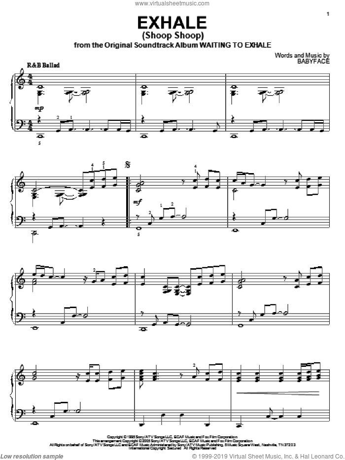 Exhale (Shoop Shoop) sheet music for piano solo by Whitney Houston and Babyface, intermediate skill level