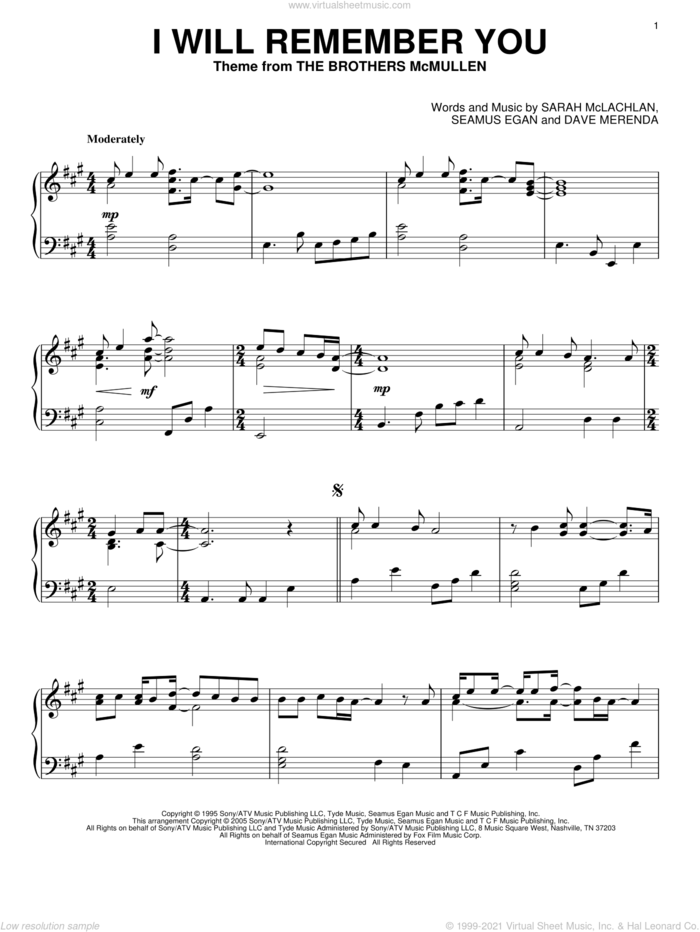 I Will Remember You, (intermediate) sheet music for piano solo by Sarah McLachlan, Dave Merenda and Seamus Egan, intermediate skill level