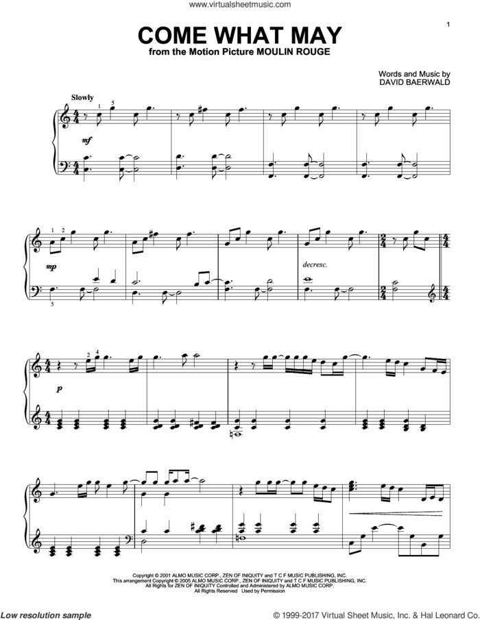 Come What May (from Moulin Rouge), (intermediate) sheet music for piano solo by Nicole Kidman & Ewan McGregor, Ewan McGregor, Moulin Rouge (Movie), Nicole Kidman, Nicole Kidman and Ewan McGregor and David Baerwald, intermediate skill level