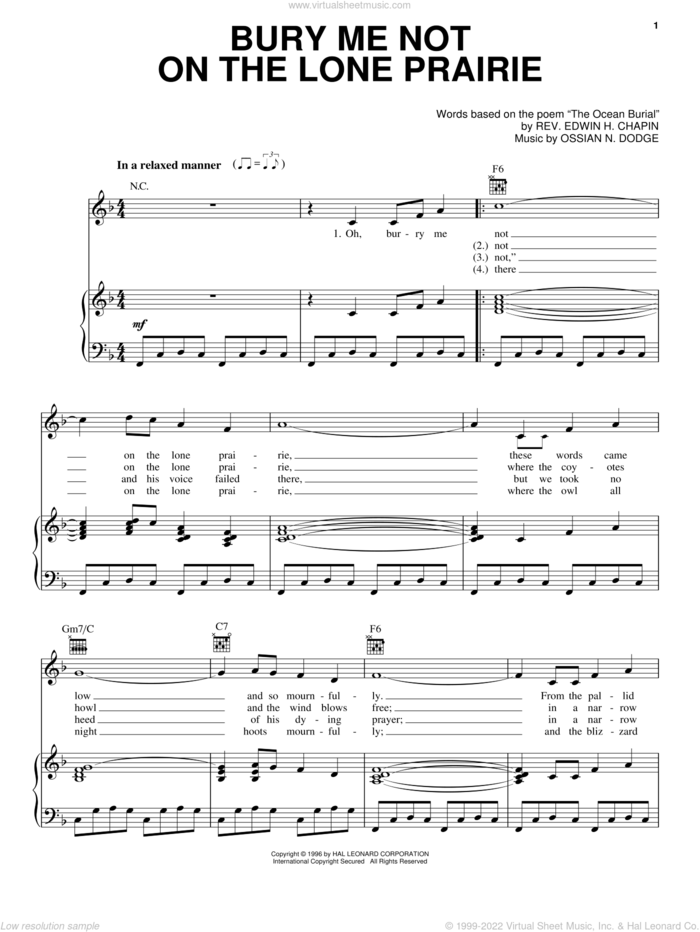 Bury Me Not On The Lone Prairie sheet music for voice, piano or guitar by E.H. Chapin and Ossian N. Dodge, intermediate skill level