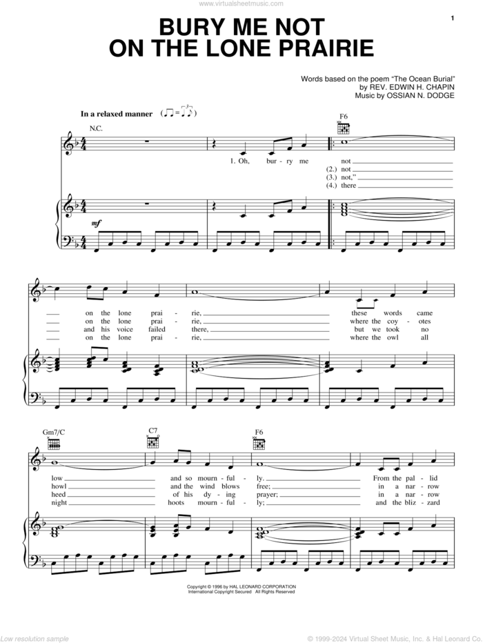 Bury Me Not On The Lone Prairie sheet music for voice, piano or guitar by E.H. Chapin and Ossian N. Dodge, intermediate skill level