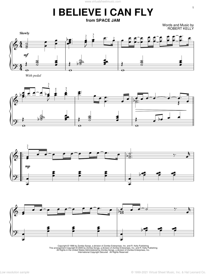 I Believe I Can Fly, (intermediate) sheet music for piano solo by Robert Kelly, intermediate skill level
