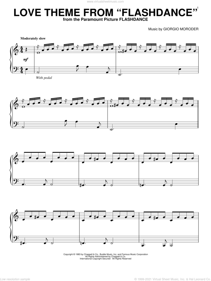 Love Theme From 'Flashdance', (intermediate) sheet music for piano solo by Giorgio Moroder, intermediate skill level