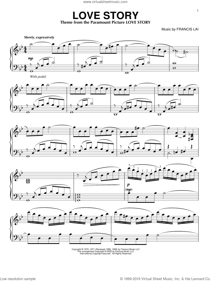 Love Story, (intermediate) sheet music for piano solo by Francis Lai, intermediate skill level