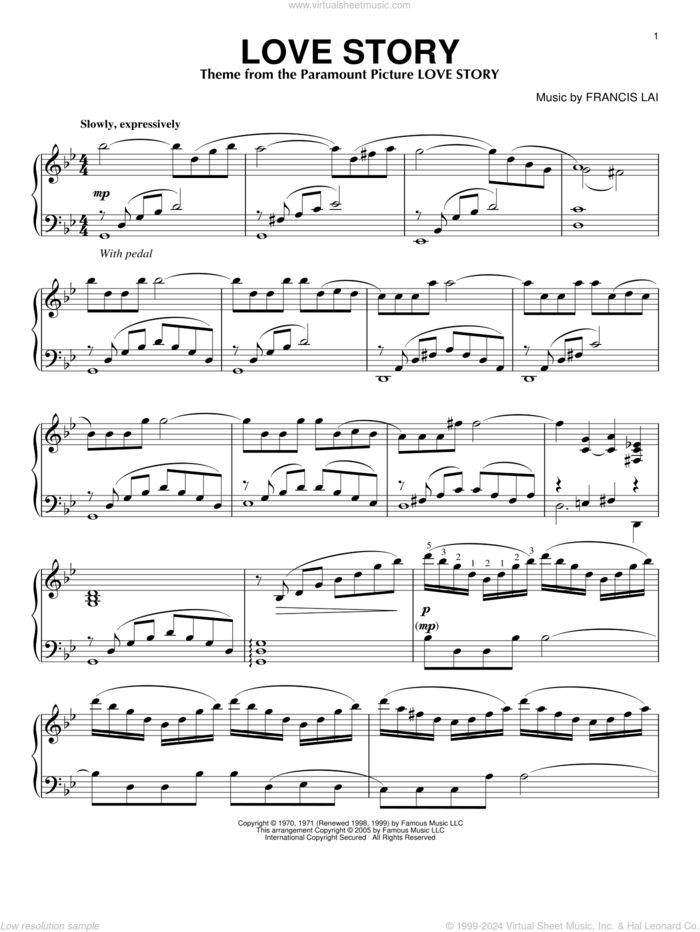 Love Story, (intermediate) sheet music for piano solo by Francis Lai, intermediate skill level