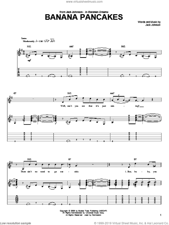 Banana Pancakes sheet music for guitar (tablature) by Jack Johnson, intermediate skill level