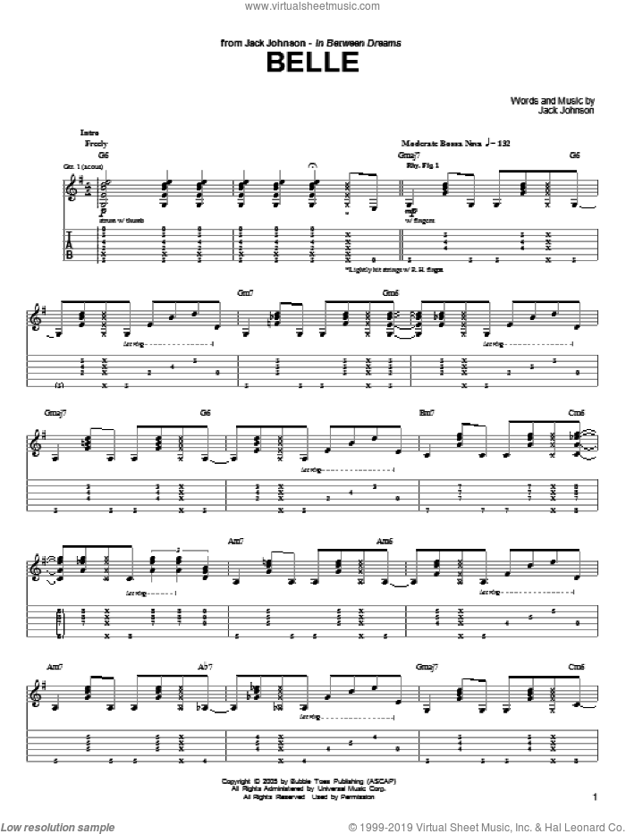 Belle sheet music for guitar (tablature) by Jack Johnson, intermediate skill level