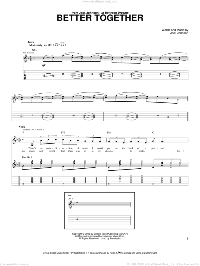 Better Together sheet music for guitar (tablature) by Jack Johnson, intermediate skill level