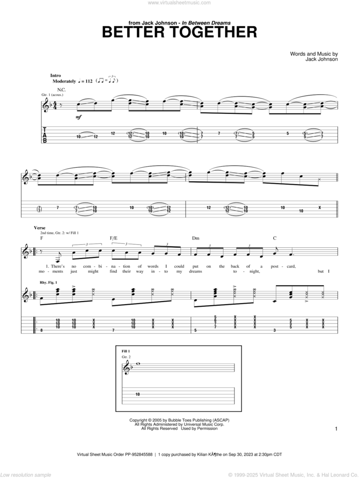 Better Together sheet music for guitar (tablature) by Jack Johnson, intermediate skill level